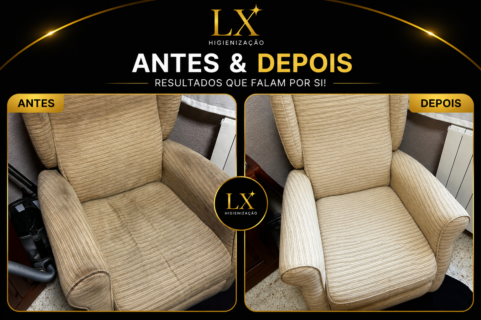 Antes e depois — Poltrona Bege